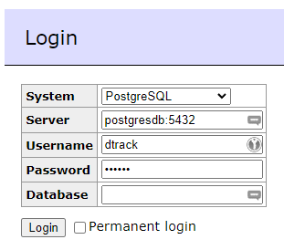 Adminer database management tool login