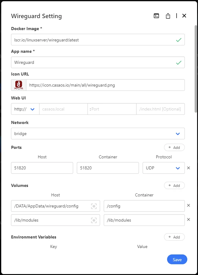 CasaOS WireGuard Settings
